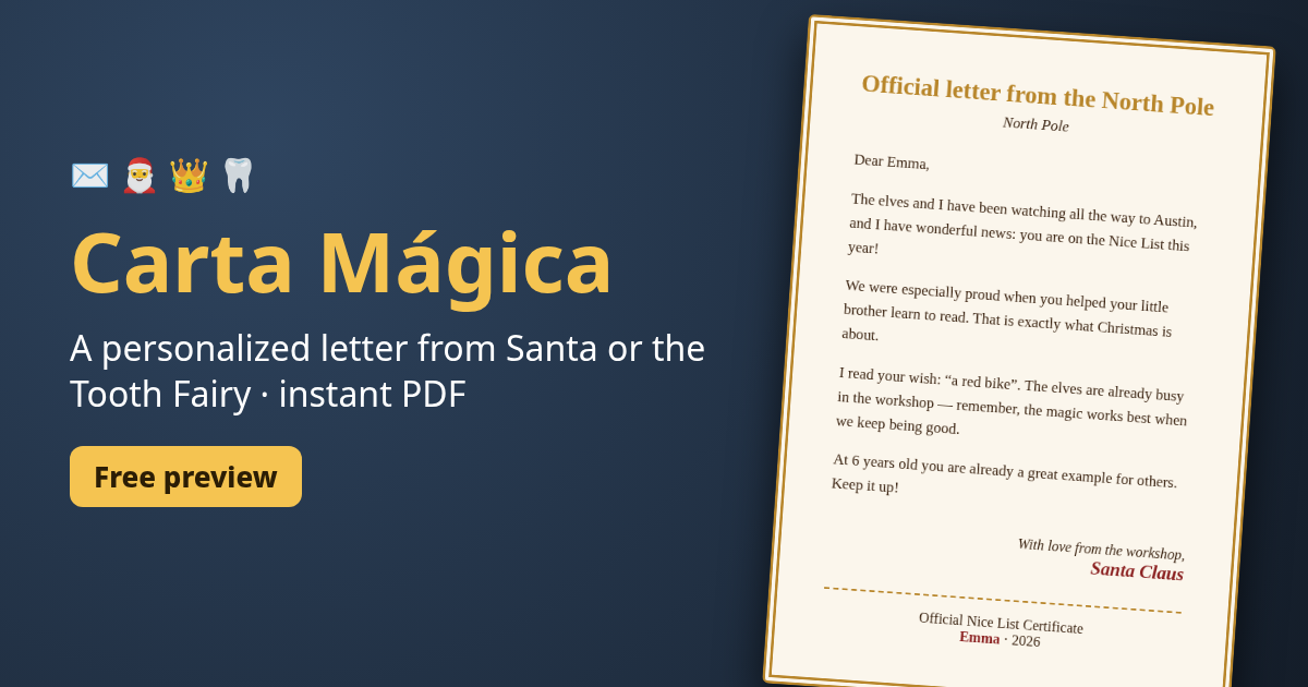 Personalized Letter from Santa or the Tooth Fairy (Printable PDF) | Carta Mágica